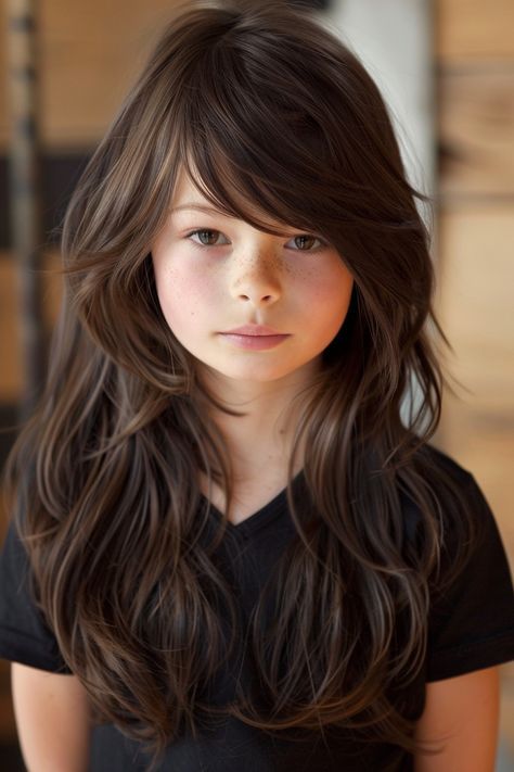 Girls Layered Haircut, Kids Bangs Hair, Locks With Bangs, Long Hair With Side Bangs, Girls Haircuts With Layers, Kids Girl Haircuts, Long Hairstyles With Layers, Hair With Side Bangs, Hairstyles With Layers