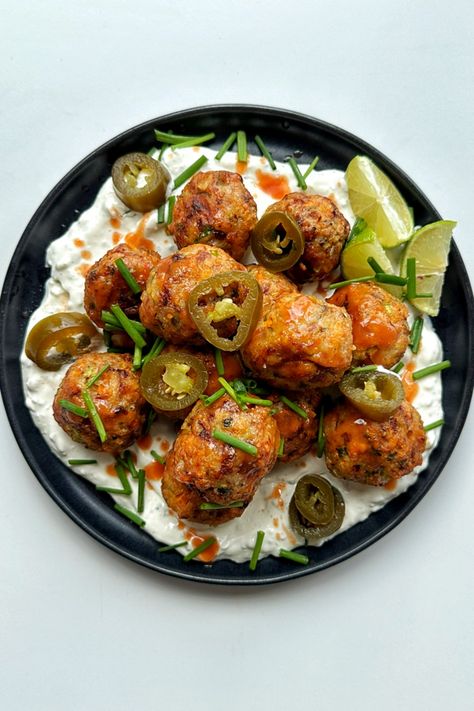 Air Fryer Chicken Meatballs (10 Minutes) | Myriad Recipes Air Fryer Chicken Meatballs, Air Fryer Meatballs, Meatballs Chicken, Homemade Blue Cheese, Buffalo Chicken Meatballs, Greek Meatballs, Chicken Balls, Chicken Meatball Recipes, Blue Cheese Sauce