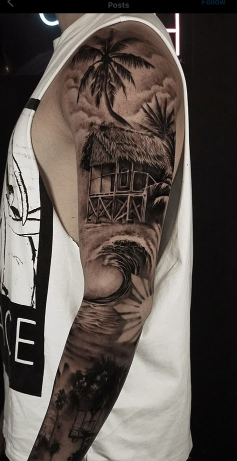 Beach Tattoo For Men, Filipino Tattoo Ideas, Back Of Forearm Tattoo, Bedroom Rug Size, Island Tattoo, Palm Tree Island, Paradise Tattoo, Filipino Tattoos, Cool Forearm Tattoos