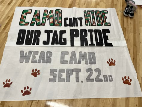 Camo Poster Football, Camo Theme Football Game Cheerleaders, Usa Football Banners Run Through, Camo Cheer Theme, Camo Football Game Theme Signs, Basketball Game Themes High School, Western Pep Rally Ideas, Rivalry Football Game Posters Funny, White Out Football Posters