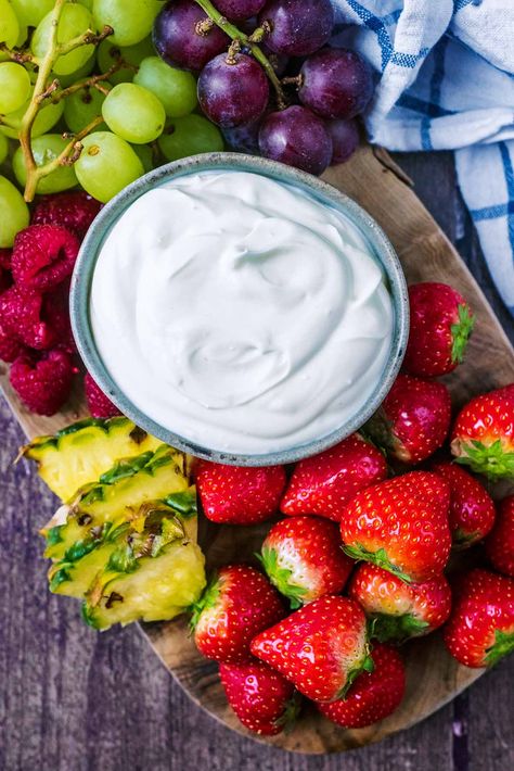 This super easy cream cheese fruit dip is light, sweet and creamy and made with just 4 ingredients. Perfect for sharing, this fruit dip goes really well with a fruit platter or even dipping some pancakes or brownies into it. An easy dessert or snack option. Cream Cheese Dip For Fruit, Fruit And Dip, Dip For Fruit, Fruits Platter, Cream Cheese Fruit Dip, Cream Cheese Pasta, Fruit Dips Recipes, Cream Cheese Dip, Light Dessert