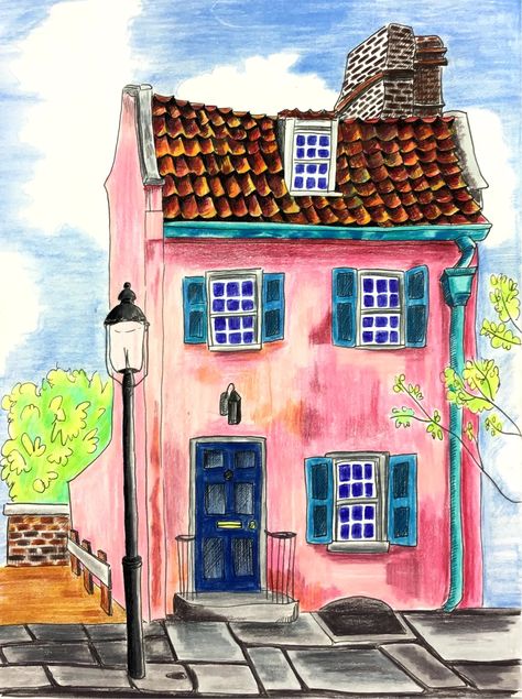 Pink House - Etsy Origami T Rex, Building Drawing, Colourful Buildings, Building Art, House Drawing, Pink Houses, Art Impressions, Color Pencil Drawing, Urban Sketching