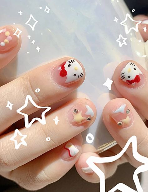 Hello Kitty Nail Art, Hello Kitty Nail, Uñas Aesthetic, Hello Kitty Nails Art, Kitty Nail, Kitty Nails, Photos Aesthetic, Red Acrylic Nails, Hello Kitty Nails