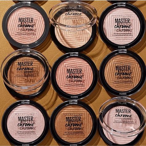 Maybelline Master Chrome Highlighters in Peach, Molten Gold, Topaz & Rose Gold Maybelline Master Chrome Highlighter, Master Chrome Highlighter, Maybelline Highlighter, Huda Lipstick, Milk Makeup Holographic Stick, Chrome Jewelry, Freedom Makeup, Molten Gold, Loreal Makeup