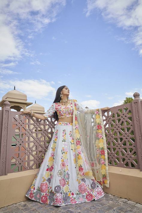 MULTICOLOR LEHENGA Multicolor Lehenga, Lehenga With Blouse, Ethnic Dresses, White Lehenga, Simple Lehenga, Circular Art, White Ombre, Embroidered Art, Net Fabric