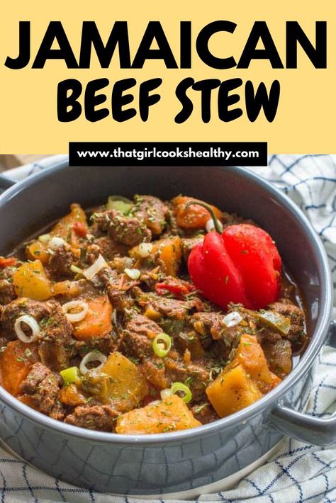 Classic Jamaican Beef Stew close up in a grey serving dish. Jamaican Beef Stew Recipe, Jamaican Beef Stew, Jamaican Stew, Red Potato Salad Recipe, Stew Beef, Jamaican Dishes, Slow Cooked Meat, Soul Food Dinner, One Pot Meal