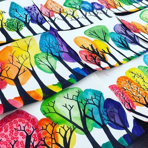 583 Likes, 33 Comments - lauralee chambers (@2art.chambers) on Instagram: “Remember these bare branches? Rainbow tops, texture swirls, and ground added! New project inspired…” Art 2nd Grade, Classe D'art, 2nd Grade Art, Fall Art Projects, 4th Grade Art, 5th Grade Art, 3rd Grade Art, Elementary Art Projects, Homeschool Art