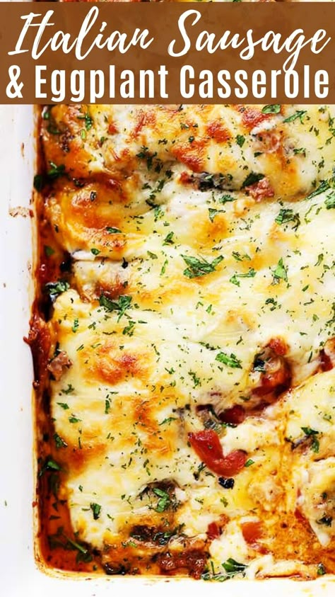 This Italian Sausage and Eggplant Casserole is prepared with creamy layers of Italian sausage and fresh eggplant slices smothered in creamy béchamel sauce and melty cheese. Italian Sausage And Eggplant Recipes, Eggplant Italian Sausage, Keto Eggplant Casserole, Italian Sausage Eggplant Recipes, Eggplant Sausage Casserole, Eggplant Recipes With Meat, Eggplant With Meat Recipes, Eggplant And Meat Recipes, Egg Plant Soup Recipes