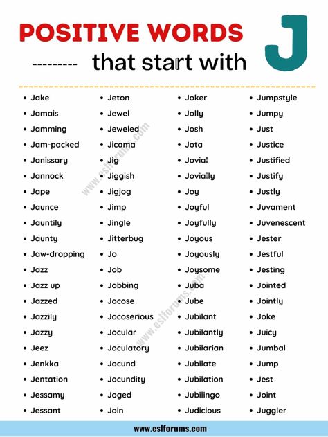 List of 80+ Positive Words that Start with J - ESL Forums Words Starting With J, J Words, Scrabble Words, English Learning Spoken, Essay Writing Skills, Interesting English Words, Good Vocabulary Words, Good Vocabulary, Words To Use