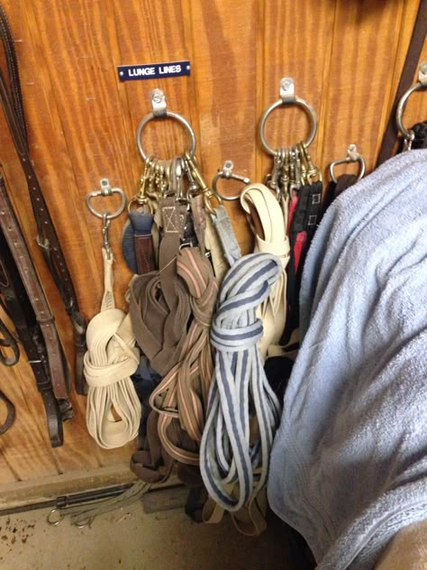 Lunge line storage Horse Gear Storage, Tack Storage Ideas, Tackroom Storage, Tack Room Ideas Diy, Stable Ideas Tack Room, Tackroom Ideas Equestrian, Small Tack Room Organization, Feed Room Ideas Barn, Small Tack Room Ideas