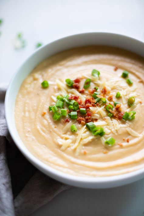 Potato Cauliflower Soup, Cauliflower Potato Soup, Running On Real Food, Baked Recipe, Broth Soup, Cauliflower Potatoes, Bacon Cauliflower, Roasted Cauliflower Soup, Cauliflower Soup Recipes