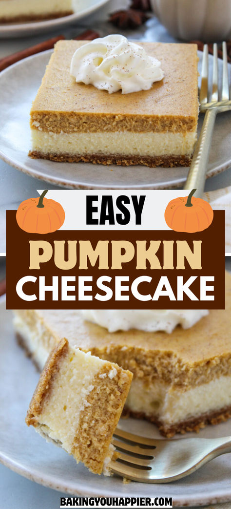 Pumpkin Cheesecake Bars, a creamy and delicious layered Fall dessert that will leave you craving more after every bite! 2 Layer Pumpkin Cheesecake, Pumpkins Cheesecake Bars, Dairy Free Pumpkin Cheesecake Bars, Pumpkin Layer Bars, Gf Pumpkin Cheesecake Bars, Pumpkin Cheesecake Squares Bar Recipes, Easy Desserts To Make For Thanksgiving, Pumpkin Cheesecake Bars Crescent Rolls, Easy Cheap Thanksgiving Desserts