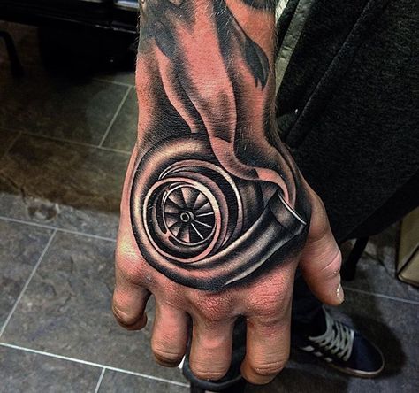 Turbo tattoo Car Art Tattoo, Car Part Tattoo, Car Idea Tattoos, Car People Tattoos, Car Racing Tattoos For Men, Turbo Hand Tattoo, Simple Mechanic Tattoo, Car Parts Tattoo Design, Wrench Tattoo Design