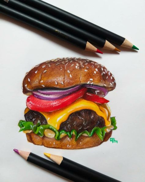 Hamburger Drawing, Pencil Colour Painting, Colored Pencil Artwork Ideas, Love Canvas Painting, Food Art Painting, Color Pencil Sketch, Prismacolor Art, Realistic Pencil Drawings, Canvas For Beginners