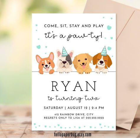 Puppy Birthday Theme, Lets Pawty, Puppy Invitations, Pet Adoption Party, Dog Birthday Invitations, Rainbow Birthday Invitations, Puppy Birthday Parties, Girls Party Invitations, Adoption Party