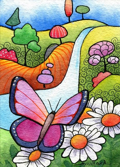 Flora And Fauna Drawing, Scenery Drawing For Kids, Oil Pastel Drawings Easy, Easy Drawings For Kids, Oil Pastel Drawings, Colorful Butterfly, 수채화 그림, Book Art Diy, Indian Art Paintings