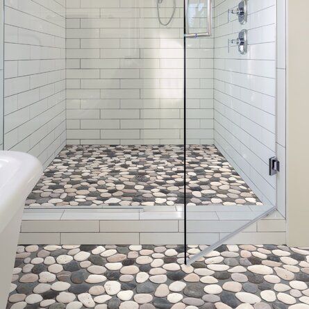 Stone Shower Floor, Pebble Tile Shower, Pebble Shower Floor, Black White Tile, Pebble Tiles, Subway Tile Showers, Natural Stone Mosaic, Bedroom Addition, Stone Shower