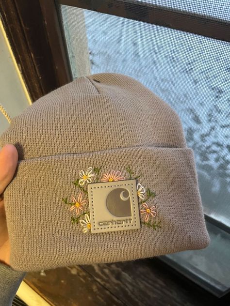 Carhart Embroidery Hat, Knit Hat Embroidery, Embroider Beanie Diy, Embroidered Carhartt Beanie Flowers, Hat Hand Embroidery, Carhartt Embroidery Diy, How To Embroider A Beanie, Carhartt Hat Embroidery Diy, Embroidered Knit Hat