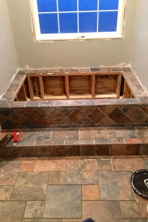 Our bathroom redo. Roman Tub Ideas, Drop In Bathtub Tile Surround Ideas, Tile Tub Ideas, Bathtub With Steps, Drop In Tub Surround Tile, Tile Tub Surround Ideas, Tub With Glass Door, Tub Surround Ideas, Tile Bathtub