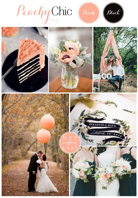 Peach brings the perfect touch to a classic black and white wedding.  Peachy Chic – A Rustic Peach and Black Inspired Wedding by Request Peach And Black Wedding, Peach Wedding Decor, Black Wedding Decor, Peach Wedding Decorations, Black Wedding Decorations, Wedding Boards, Wedding Color Pallet, Wedding Decors, Rustic Modern Wedding