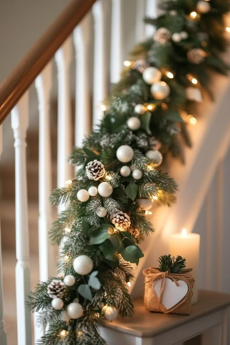 Transform your space with elegant Christmas home decor! This festive garland with pinecones and lights adds warmth and charm. Perfect for creating a cozy holiday atmosphere. #ChristmasHomeDecor #FestiveVibes #HolidayDecor Christmas Garland Decor Ideas, White Rustic Christmas Decor, Hanging Christmas Ornaments From Ceiling, Christmas Decorations Stairs, Christmas Decor Stairs, Christmas Railing Decor Indoor, Christmas Bannister, Decorated Garland, Bauble Garland