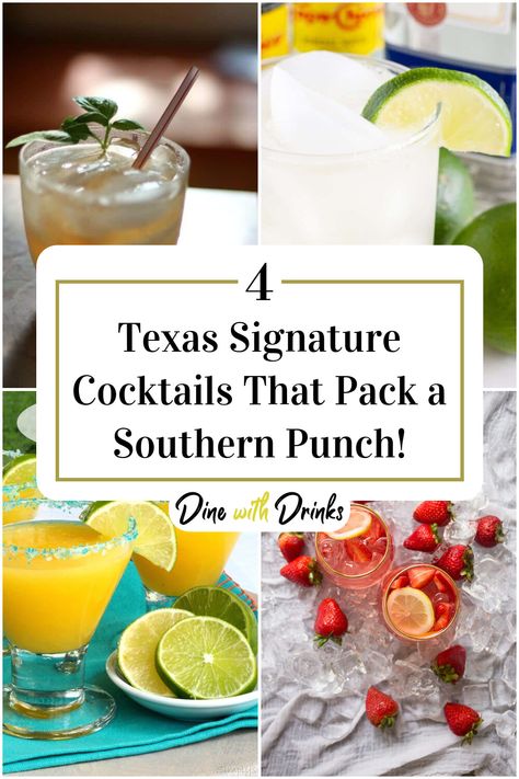 Collage of 4 texas signature cocktails. Fire Water Recipe, Texas Bbq Party, Texas Bbq Recipes, Cocktails For Party, Texas Themed Party, Cocktails Girls Night, Texas Cocktails, Signature Cocktail Drinks, Bbq Drinks