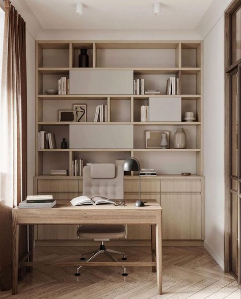 Modern Home Office Mastery: Designing Stylish and Functional Workspaces for 2024 Office Shelf Design Modern, Family Home Office Ideas, Modern Office Shelving, Home Office Japandi Style, Japandi Style Home Office, Desk Not Against Wall, Japandi Style Office, Study Joinery, Architect Home Office