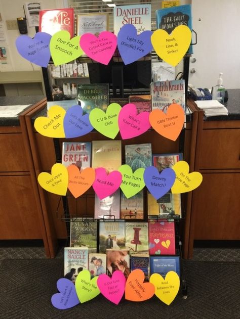 Happy Valentine’s Day! Valentines Book Display, Fun Library Ideas, Fun Library Activities, Valentines Display, School Library Book Displays, Passive Programming, Library Crafts, Valentines Day Book, Library Book Displays