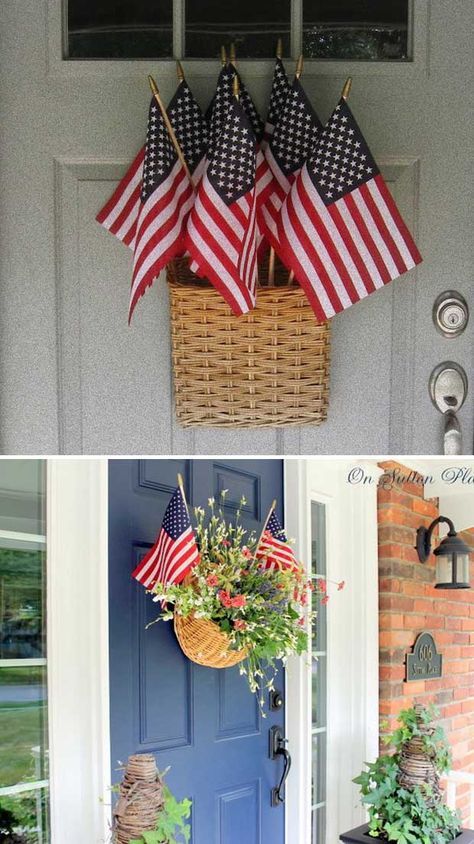 Diy 4th Of July Decorations, Basket Wreath, Fourth Of July Decorations, 4th July Crafts, Fourth Of July Food, Fourth Of July Decor, Diy Outdoor Decor, American Flags, Patriotic Crafts