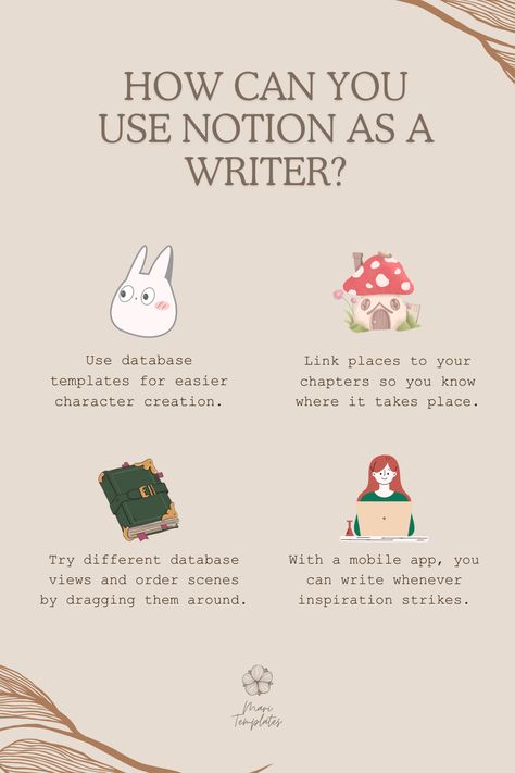 Hey writers! 📝 Ever considered using Notion to make your writing easier? It's incredibly helpful! From organizing notes, building new worlds with templates, to developing characters and keeping track of deadlines, Notion has everything you can think of! Best part? It's free to use and accessible from both your phone and computer. And if creating your own Notion setup feels overwhelming, give our premade template a try—it's got everything a writer needs. #Writing #NotionTemplate Notion For Writers, Writing Notion, Developing Characters, Organizing Notes, Novel Planning, Using Notion, Notion Setup, Fitness Goal Setting, Book Planner