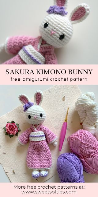 Sakura Kimono Bunny Free Amigurumi Crochet Pattern - Sweet Softies | Amigurumi and Crochet Sakura Kimono, Foundation Single Crochet, Crochet Bunny Pattern, Crochet Decrease, Pola Amigurumi, Crochet Animals Free Patterns, Crochet Amigurumi Free Patterns, Crochet Amigurumi Free, Fun Crochet Projects