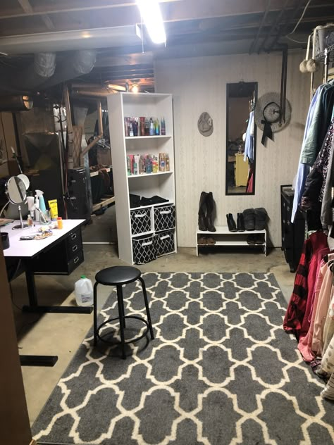 Basement Clothes Closet, Diy Closet In Basement, Basement Dressing Room, Basement Dressing Room Ideas, Dressing Room On A Budget, Basement Walk In Closet, Garage Turned Into Bedroom, Closet In Basement, Garage Into Bedroom