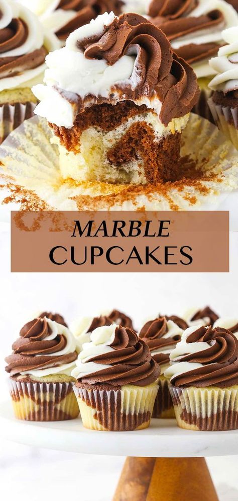 Struggling to choose between vanilla and chocolate? You don’t have to! These moist and fluffy Marble Cupcakes combine both flavors into one drool-worthy dessert and are topped with a swirl of chocolate and vanilla buttercream! Chocolate Marble Cupcakes, Vanilla Cupcake Flavor Ideas, Chocolate Vanilla Swirl Cake, Marble Cupcake Recipe, Marbled Cupcakes, Unique Cupcake Recipes, Chocolate Chip Cupcakes Recipe, Cupcake Recipes Unique, Marble Cupcakes