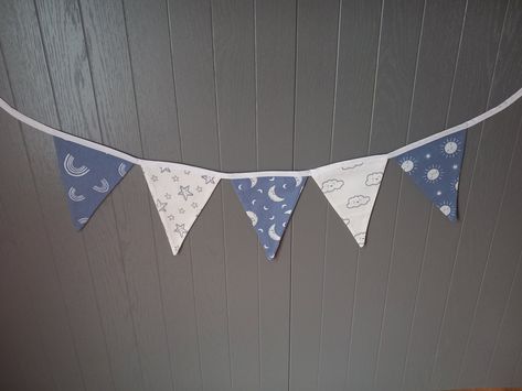 Beautiful blue and white bunting, perfect for a new baby gift or to hang in the nursery. 5 pendants, each of a different complementary fabric, across a 1 metre strand Blue And White Nursery, Lazuli Bunting Bird, White Bunting, Blue Bunting, Nursery Bunting, White Nursery, Blue Nursery, New Baby Gift, Flag Bunting