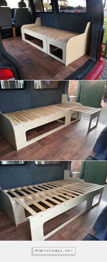 Slide-Out Campervan Bed / Table (VW T5 Forum)... - a grouped images picture - Pin Them All Convertible Beds, Van Layouts, Campervan Bed, T4 Camper, Camper Beds, Van Bed, Camper Hacks, Adventure Van, Kombi Home