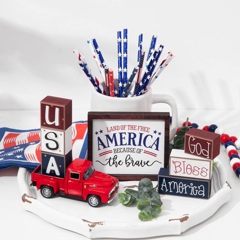 PRICES MAY VARY. Warm Tip: Tiered Tray Is Not Included. What You Will Receive: 3 pcs USA wooden blocks, 3 pcs God Bless America wooden blocks, 1 pc patriotic wooden sign, 10 pcs American flag red blue white paper straws. Premium Quality: Patriotic decorations are made of high-quality composite wood, reusable. Handmade: 4th of July decorations are handmade from wood, and slight variations may occur, so no two pieces are alike, which adds to the character and uniqueness of each item. Versatile Dec Wooden Blocks Decor, Patriotic Table Decor, Farmhouse 4th Of July, Patriotic Tiered Tray Decor, Memorial Day Decor, Patriotic Tiered Tray, Independence Day Decoration, Fourth Of July Decor, Table Bedroom