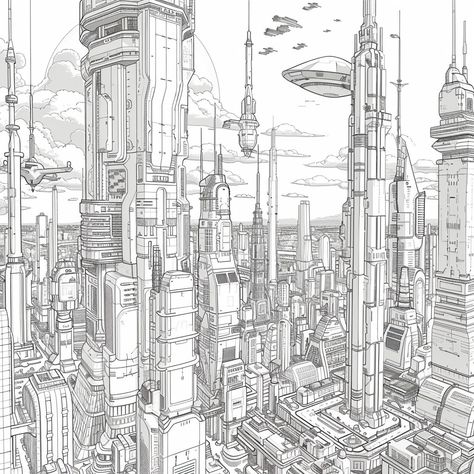 Futuristic Cityscape Illustration: Detailed black and white illustration of a futuristic cityscape with towering skyscrapers and flying vehicles. #illustration #futuristic #cityscape #skyscrapers #black and white #aiart #aiphoto #stockcake ⬇️ Download and 📝 Prompt 👉 https://ayr.app/l/rzm2 City Of The Future Drawing, Futuristic City Drawing, Futuristic City Illustration, Future City Drawing, Vehicles Illustration, Cityscape Illustration, Futuristic Cities, Futuristic Cityscape, Flying Vehicles