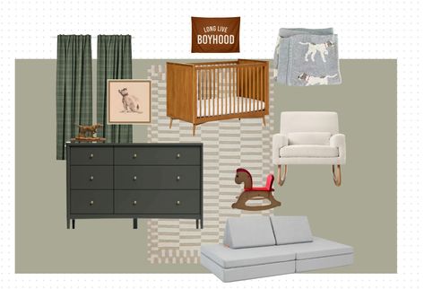 Baby Boy’s Nursery – Amy Gannett Nursery Grey Furniture, Olive Green Nursery Boy, Nursery Grey, Grey Nursery Boy, British Dog, Green Lamp, Baby Boy Nursery, Reading Pillow, Grey Furniture