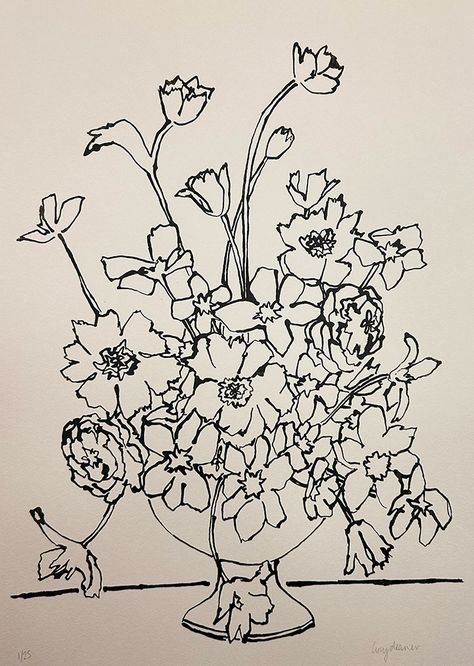 Flower Still Life Drawing, Screen Printing Flowers, Flowers In Vase Drawing, A Vase With Flowers Drawing, Vase With Flowers Drawing, Vase Art Drawing, Flower Screen Print, Flower Vase Sketch, Blooming Illustration