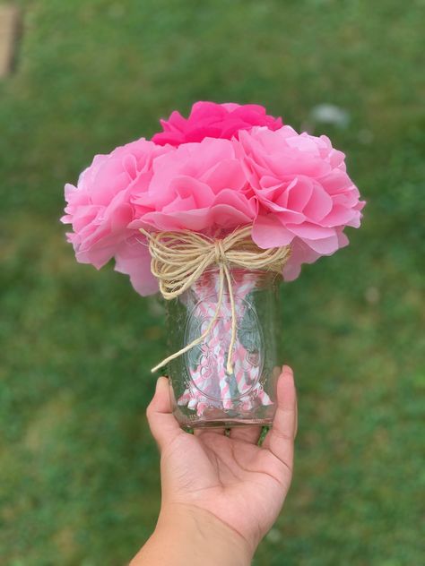 Pink tissue paper Flowers In Jars, Mason Jar Centerpieces, Tissue Paper, Grad Parties, Pink Flowers, Paper Flowers, Mason Jars, Pink, Flowers