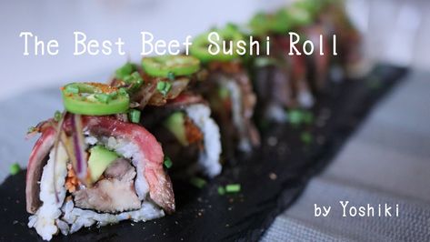 Steak Sushi Roll, Beef Sushi Roll, Meat Sushi, Cooked Sushi Recipes, Yo Sushi, Asian Fusion Restaurant, Sushi Wrap, Cooked Sushi, Sushi Ideas