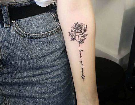 Flower With Quote Stem Tattoo, Flower Tattoo Word Stem, Rose With Word Stem Tattoo, Stem Word Tattoo, Word Stem Tattoo, Flower With Word Stem Tattoo, Rose Stem Tattoo, Stem Tattoo, Rose Tattoo With Name