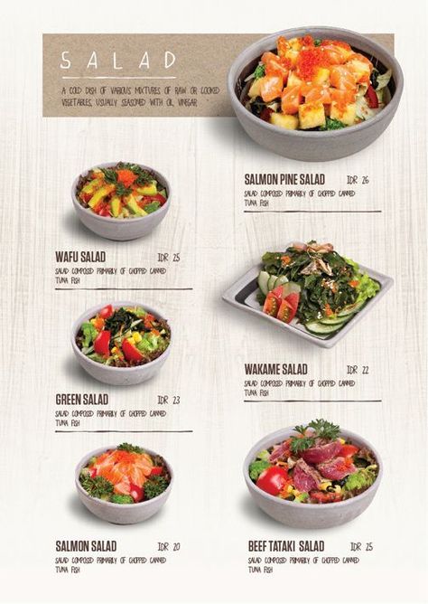 Daisho - Salad Menu - by idbrand.co.id - Japanese Menu - Restaurant - Jakarta: Restaurant Menu Design With Pictures, Menu Design Pictures, Salad Menu Restaurant, Restaurant Menu With Pictures, Picture Menu Design, Menu Design With Pictures, Japanese Menu Design Ideas, Salad Menu Design Ideas, Japanese Menu Ideas