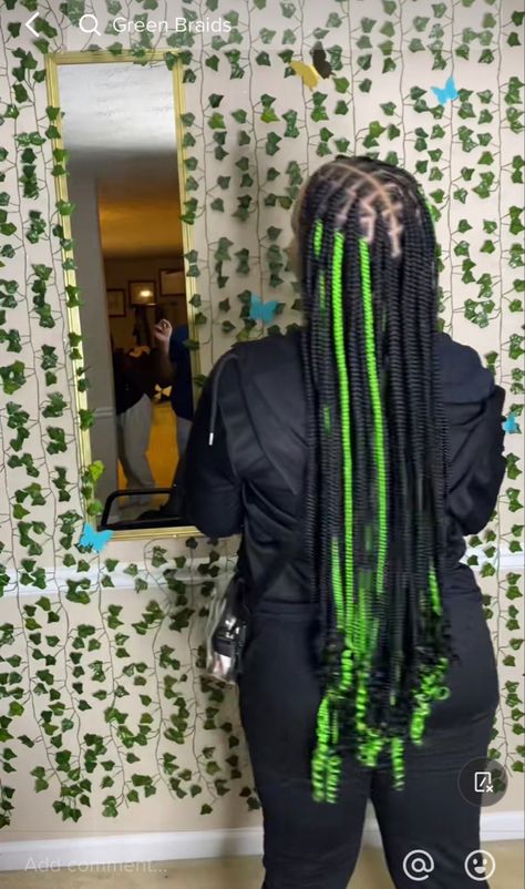 Knotless Braids With Green In The Back, Black Green Knotless Braids, Jumbo Box Braids Peekaboo, Braided Hairstyles For Black Women Peek A Boo, Peekaboo Hair Color Braids With Curls, Black And Green Faux Locs, Black And Green Hairstyles, Green Pickaboo Braids, Green Peekaboo Braids With Curls