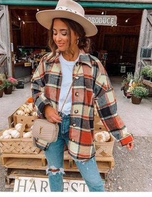 d9731321ef4e063ebbee79298fa36f56desc53147024ri Orange Shacket Outfit, Shacket Outfit, Autumn Street, Flannel Coat, Plaid Shirt Women, Plaid Shacket, Crop Top And Leggings, Plaid Shirts, Plaid Outfits