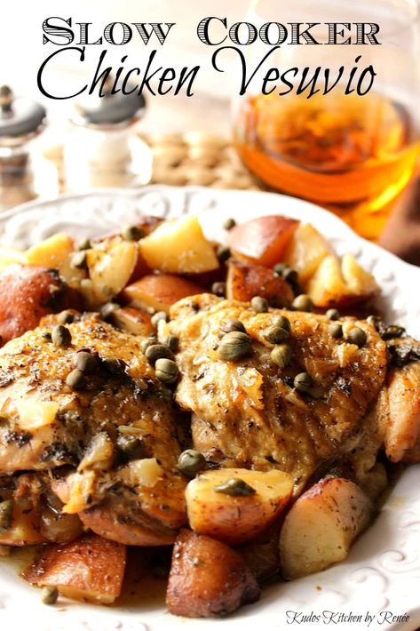 Satisfying Slow Cooker Chicken Vesuvio ⋆ Kudos Kitchen by Renée White Wine Caper Sauce, Chicken Vesuvio Recipe, Chicken Vesuvio, Caper Sauce, Chicken Crockpot, Crockpot Recipe, Best Slow Cooker, Easy Slow Cooker Recipes, Crock Pot Slow Cooker