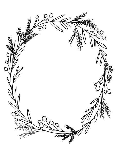 Drawn Wreath Christmas, Floral Embroidery Wreath, Simple Wreath Drawing, Wreath Drawing Simple, Floral Wreath Drawing, Christmas Line Art, Joy Wreath, Wreath Illustration, White Christmas Wreath