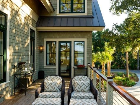 -black, graphite, or moss green window trim instead of white  ??  I like it and it seems to give more age and depth, plus how would I match all that white, white trim? Craftsman Bump Out, Two Over One Windows, Cottage Colours, Green House Exterior, Black Window Trims, Green Siding, Hgtv Dream Homes, Black Window Frames, Forest Cottage