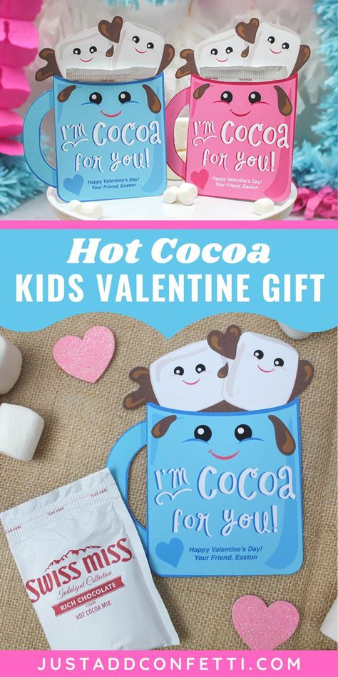 Hot Chocolate Valentine, Kids Valentines For School, Kids Valentine Ideas, Cute Hot Cocoa, Valentines For School, Birthday Party Ideas Food, Valentines Diy Kids, Hot Chocolate Gift, Chocolate Crafts