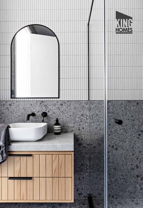 Grey Terrazzo Bathroom, Backsplash For Bathroom, Terrazzo Bathroom, Grey And White Bathroom, Timber Vanity, Bathroom Tile Designs, Bathroom Backsplash, Bathroom Trends, Contemporary Bathrooms